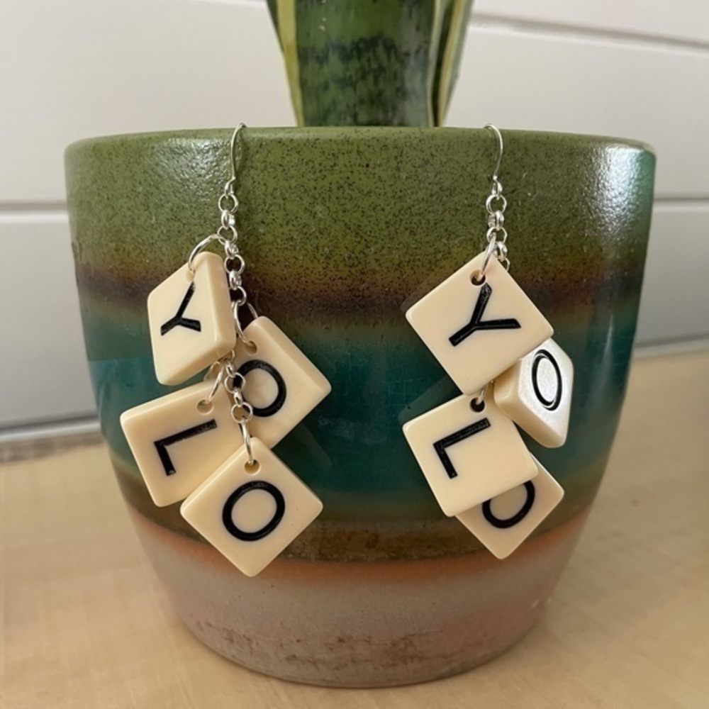 2/$29 Chunky YOLO Letter Tile Earrings 3”Upcycled Limited Unique